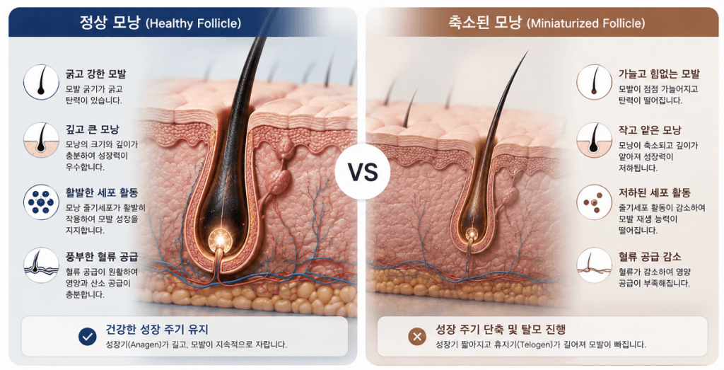 정상 모낭과 축소된 모낭 비교