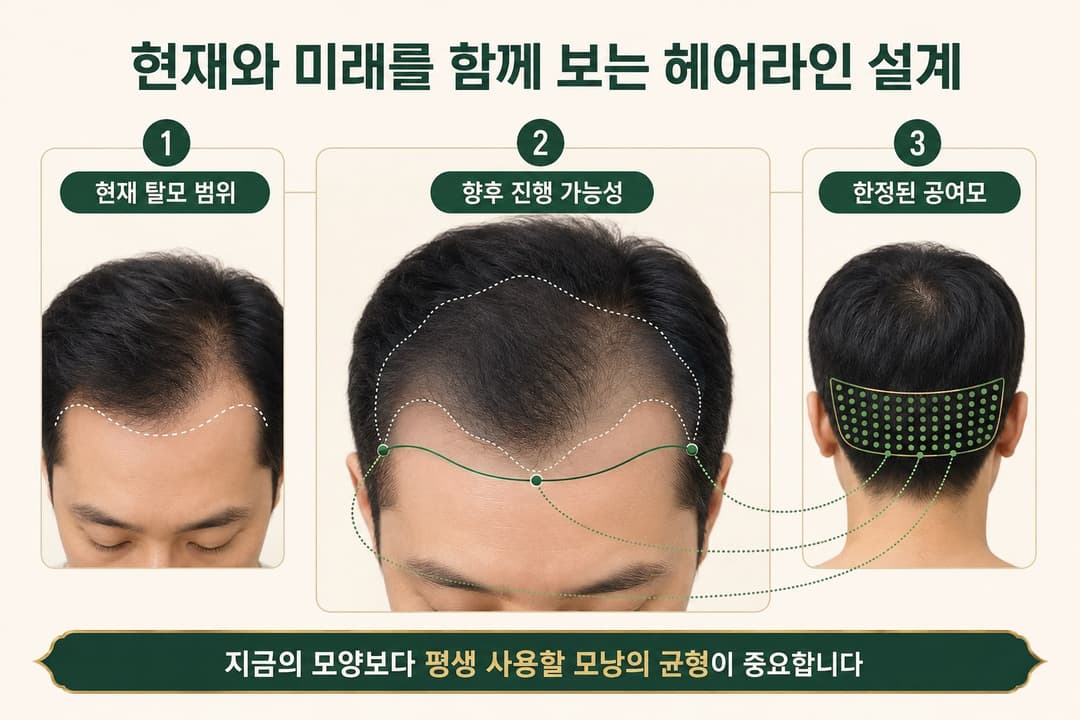Hair transplant hairline design considering current hair loss, potential future progression, and donor hair
