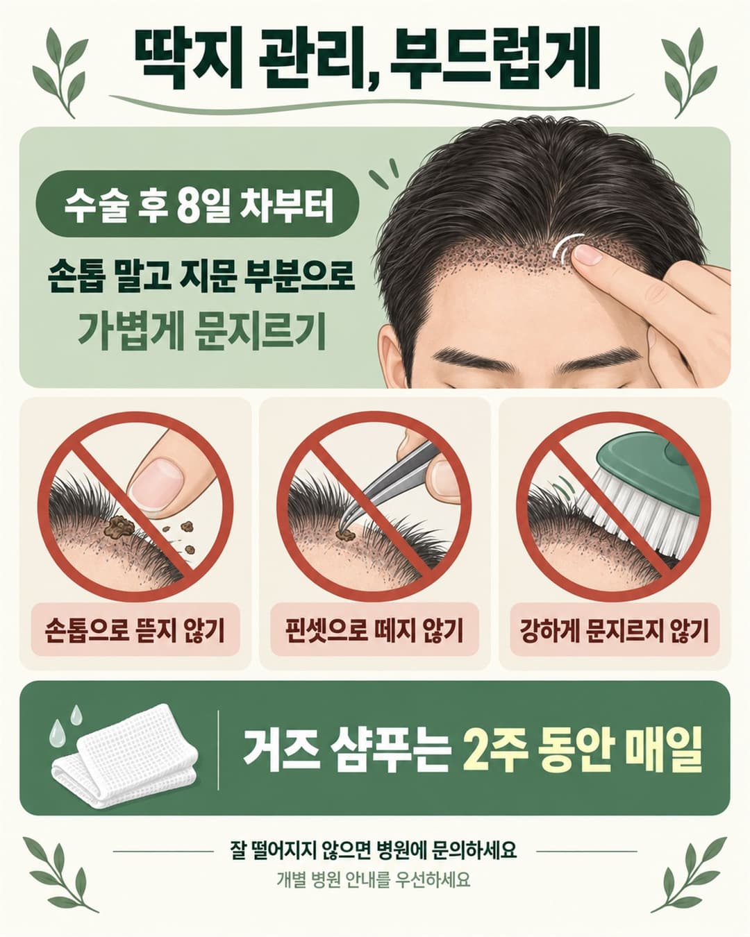 수술 후 8일 차부터 지문으로 부드럽게 관리하고 손톱·핀셋·강한 마찰을 피하는 딱지 관리법