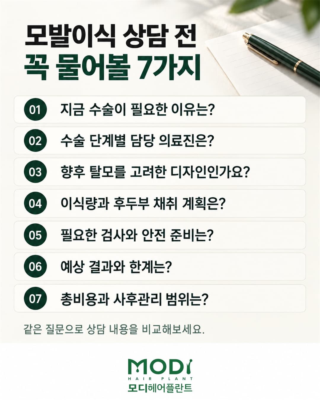 모발이식 상담에서 수술 필요성, 담당 의료진, 디자인, 채취 계획, 검사, 결과와 사후관리를 확인하는 7가지 질문