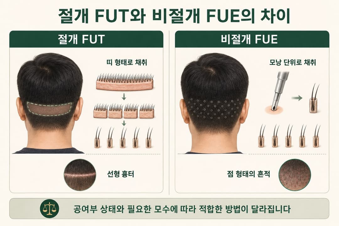 Comparison of follicle harvesting methods and resulting marks in incision FUT and non-incision FUE hair transplants