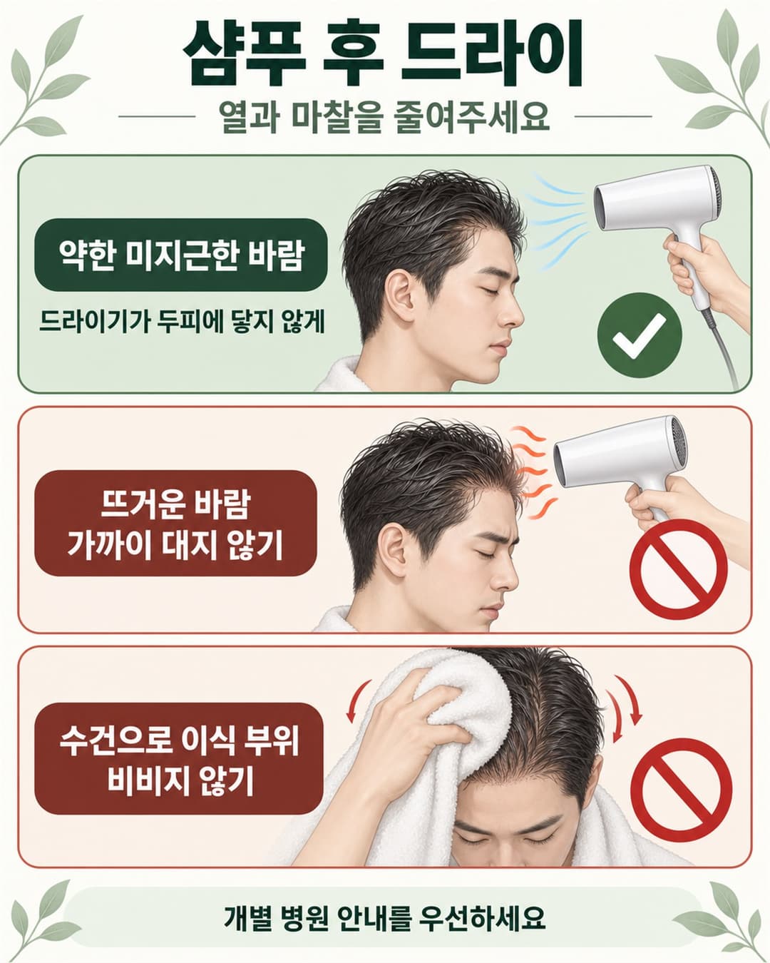 모발이식 후 약한 미지근한 바람으로 말리고 뜨거운 근접 바람과 수건 마찰을 피하는 방법