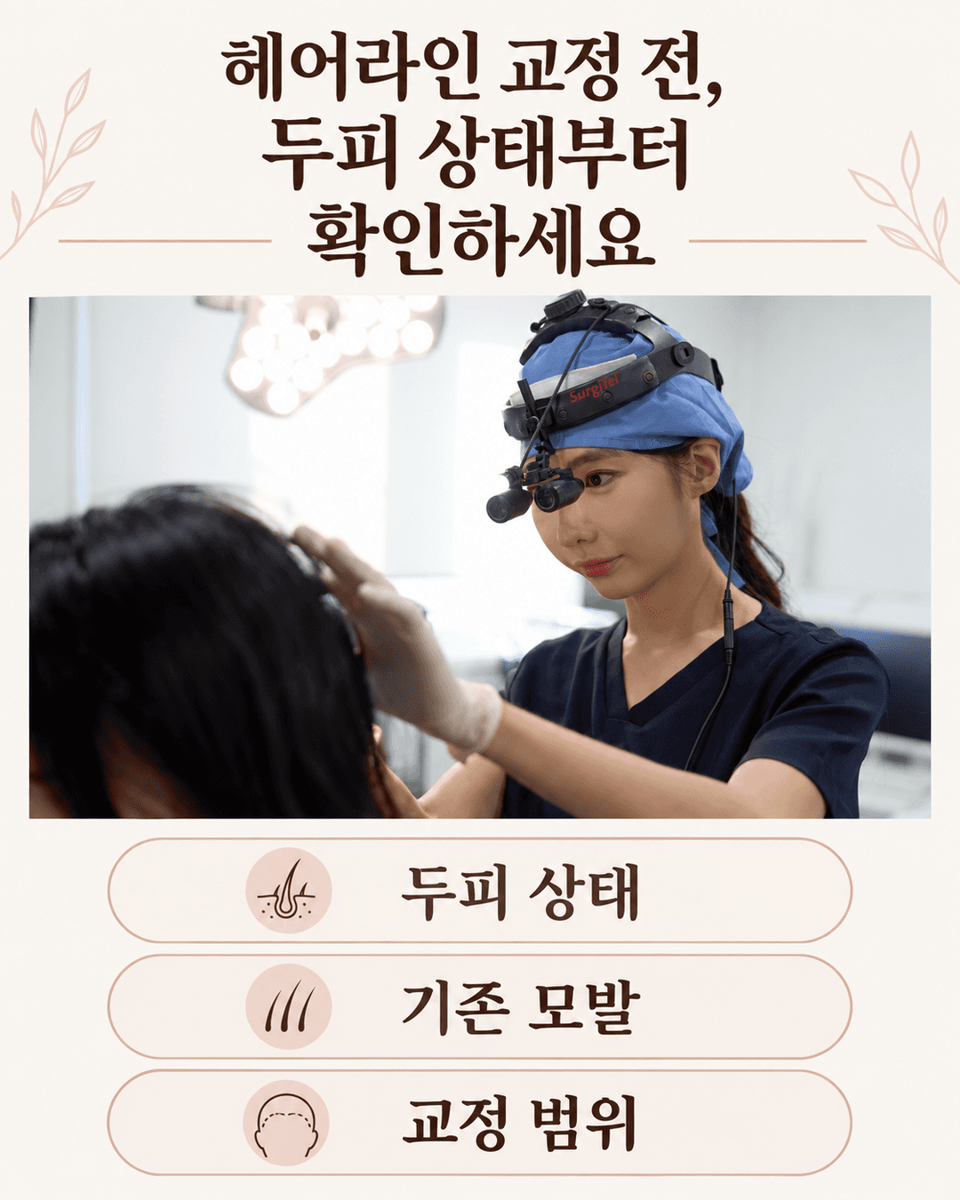 확대경을 착용한 의료진이 두피를 살펴보는 모습과 헤어라인 교정 전 확인할 두피 상태, 기존 모발, 교정 범위