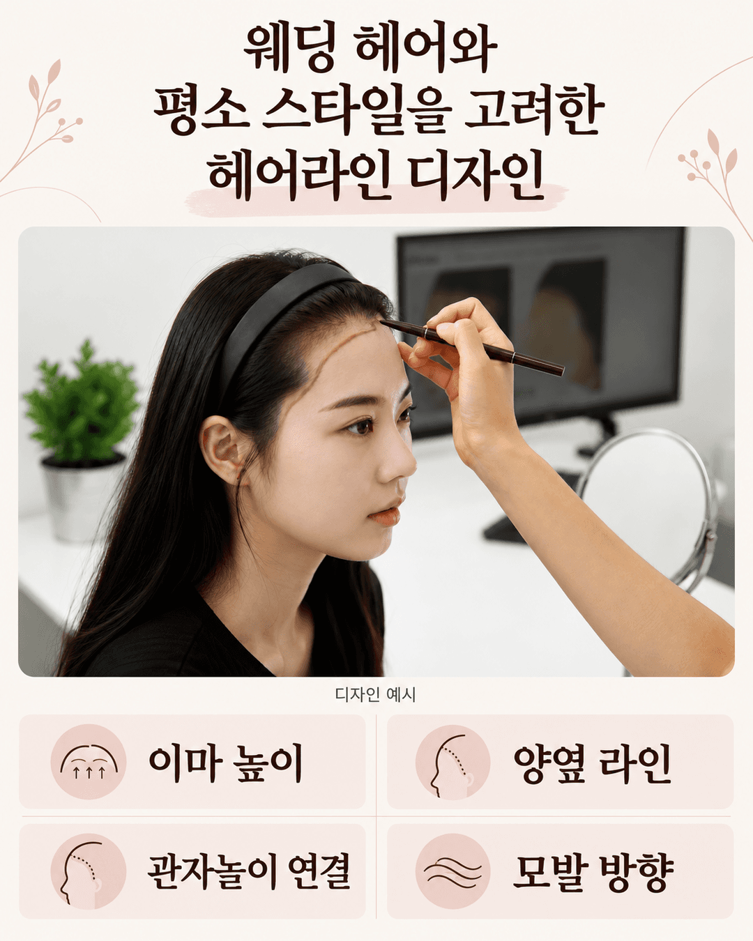 헤어라인에 디자인선을 그리는 예시와 디자인 시 고려하는 이마 높이, 양옆 라인, 관자놀이 연결, 모발 방향