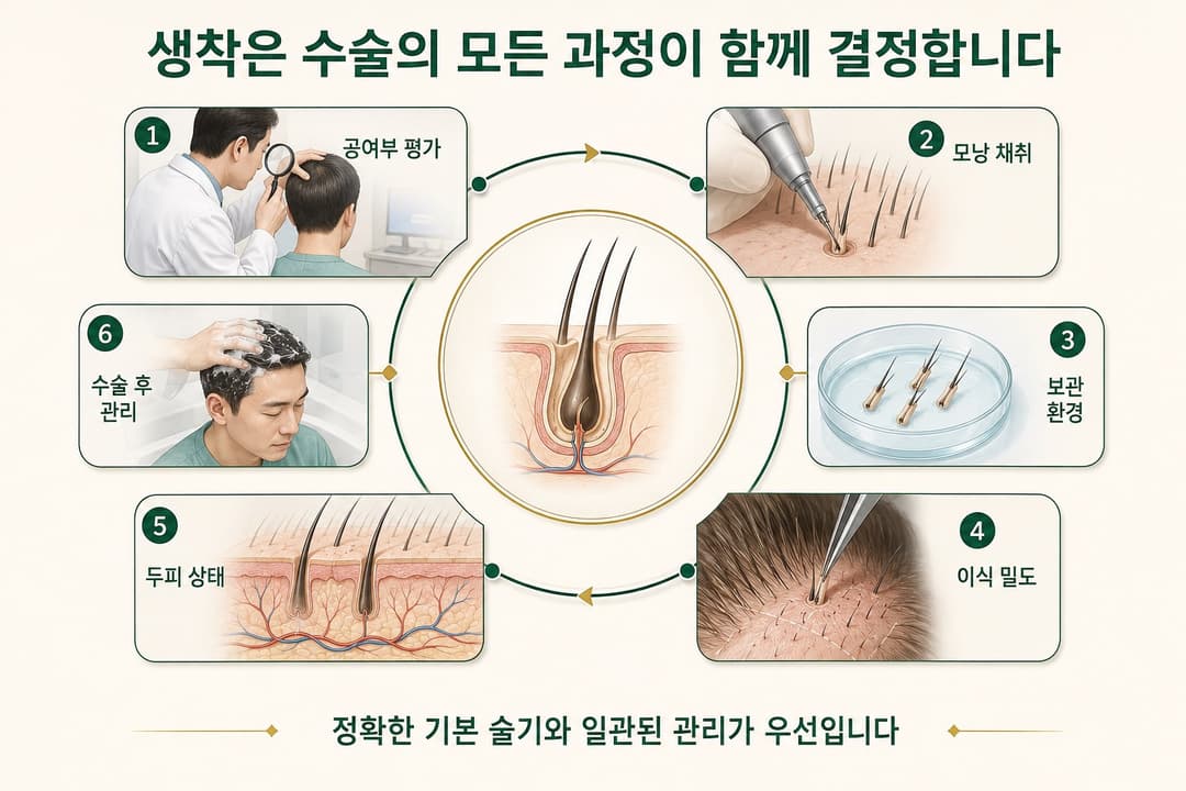 Factors affecting hair transplant graft survival: donor area evaluation, follicle harvesting, storage, implantation density, scalp condition, and post-operative care