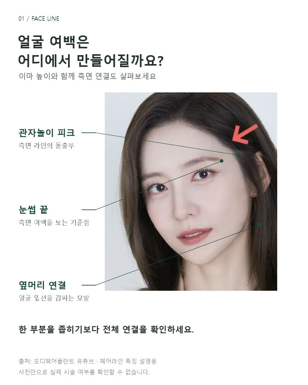 在影片照片中標示太陽穴尖角、眉尾、鬢角頭髮銜接，說明側面臉部留白的圖片