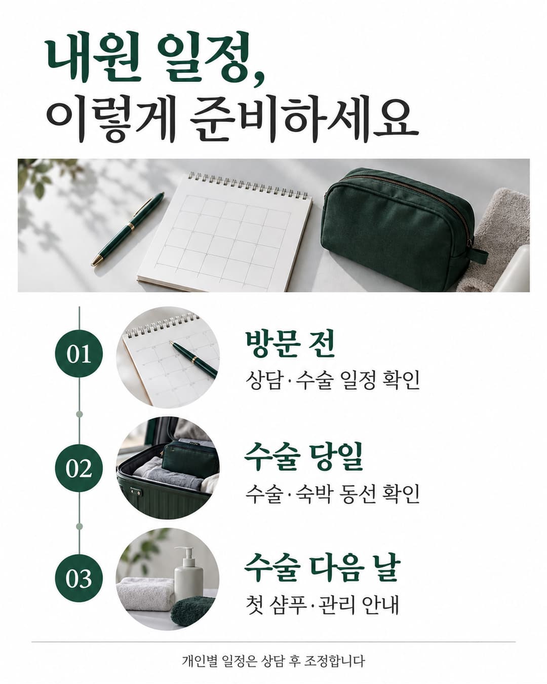 방문 전 상담과 수술 일정 확인부터 수술 당일 숙박 동선 및 다음 날 첫 샴푸까지 정리한 내원 일정