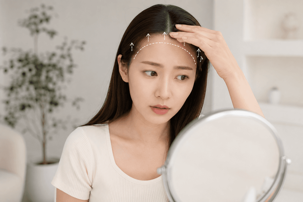 넓은이마로 고민하는 여성. 이마축소술과 모발이식을 통한 헤어라인 교정중 어떤 방법이 나을지 고민