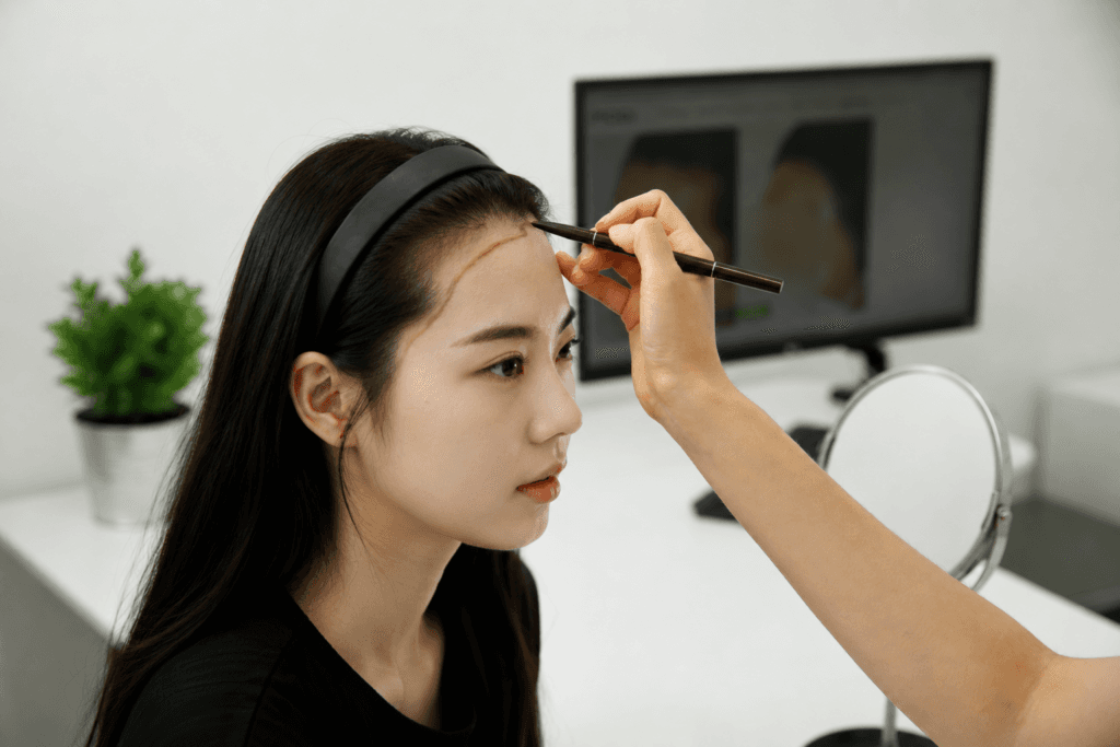 넓은 이마를 가진 여성이 모발이식을 위한 헤어라인 디자인하는 장면의 사진