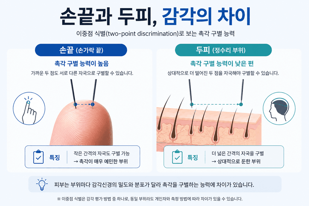 손끝과 두피의 이중점 식별을 통한 감각 차이