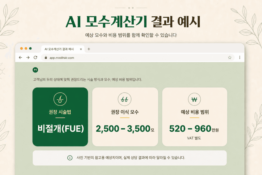 모디헤어플란트 AI 모수계산기의 권장 시술법과 예상 모수 및 비용 결과 화면