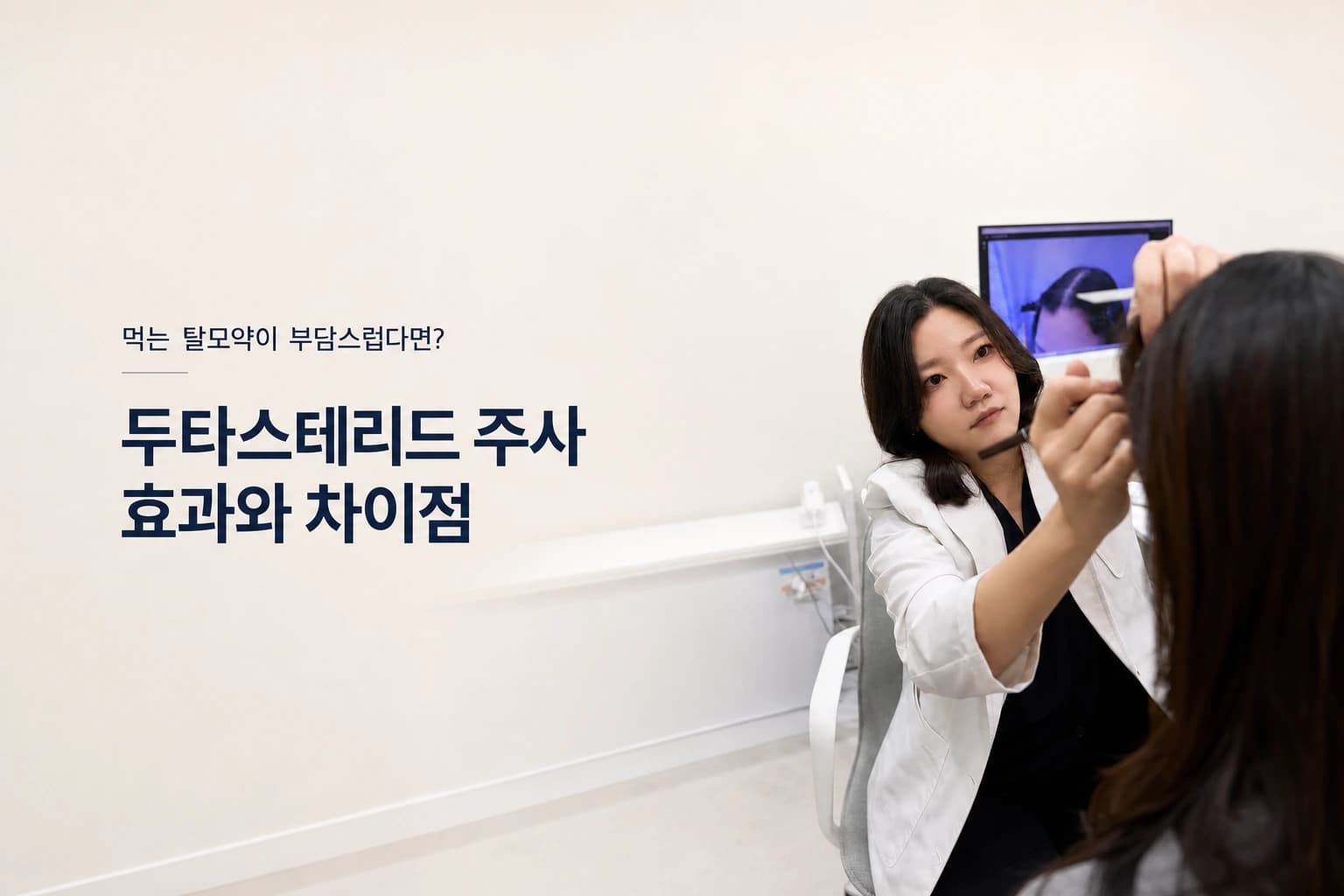 두타스테리드 주사 효과와 먹는 탈모약의 차이를 설명하는 의료진