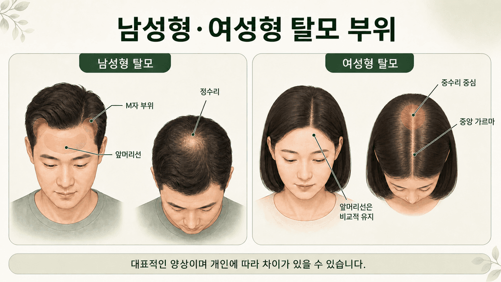 Areas commonly affected in male pattern and female pattern hair loss