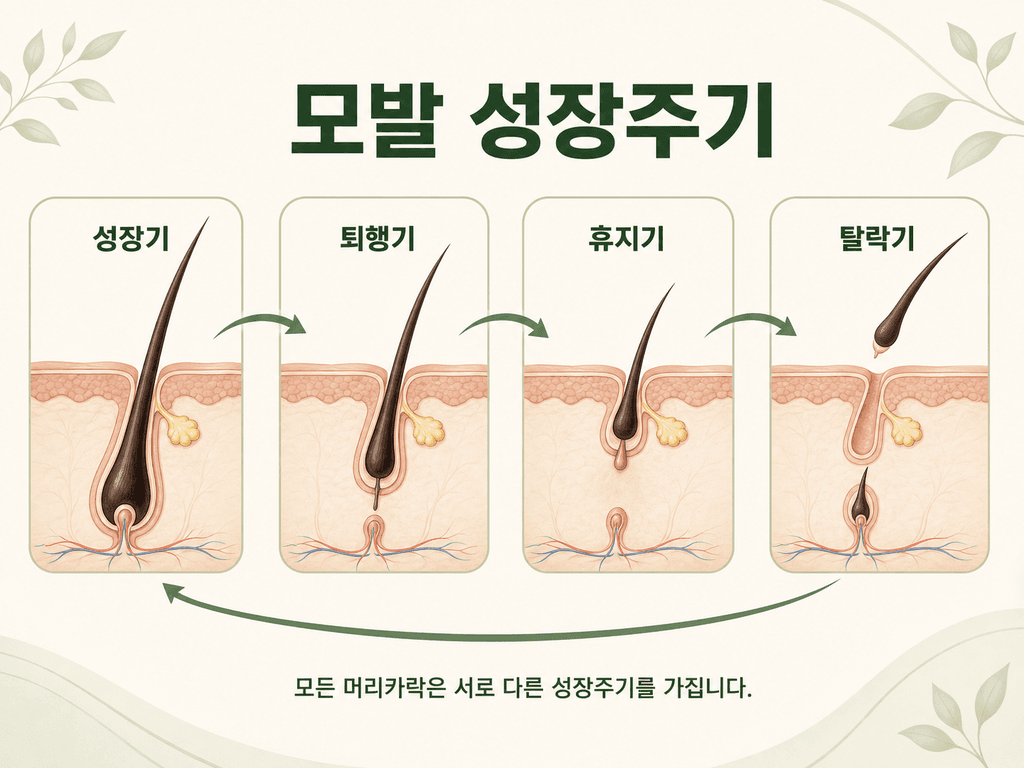 Hair growth cycle progressing through growth, regression, resting, and shedding phases