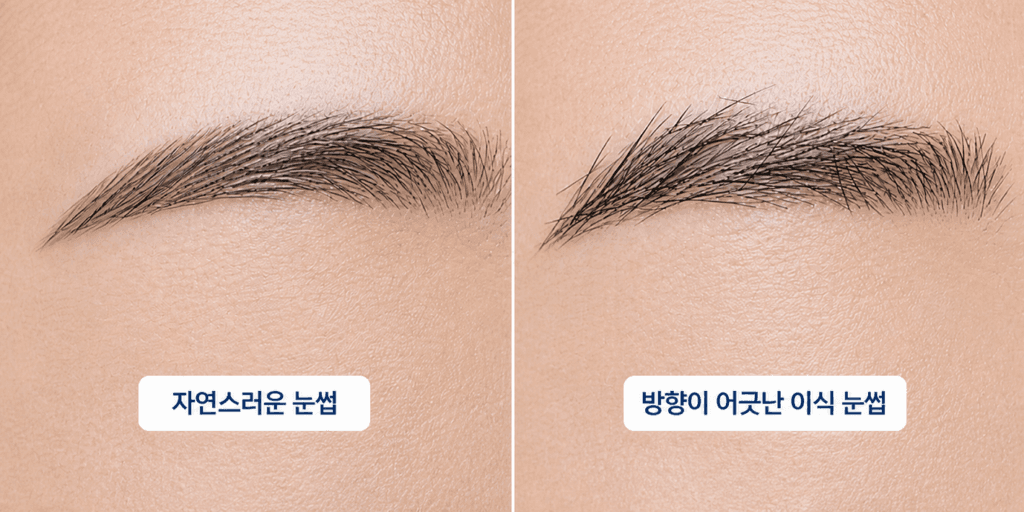 자연스러운 눈썹과 모발 방향이 어긋난 이식 눈썹 비교