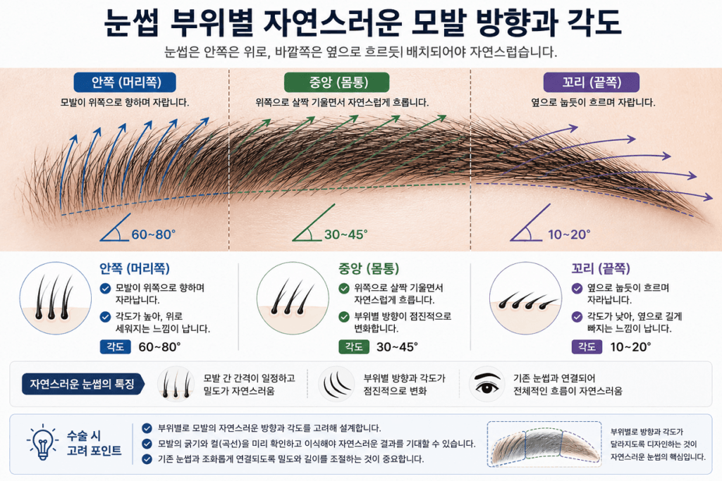 자연스러운 눈썹 모발의 방향 각도와 컬