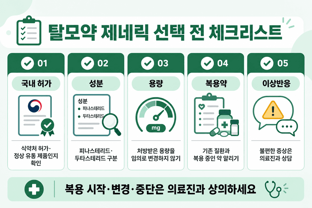 薄毛治療薬のジェネリック選択時に確認する韓国国内での承認、成分、用量、服用薬と副作用のチェックリスト
