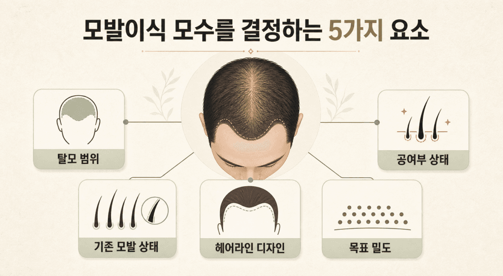 모발이식 모수를 결정하는 탈모 범위와 기존 모발 상태, 헤어라인 디자인, 목표 밀도, 공여부 상태